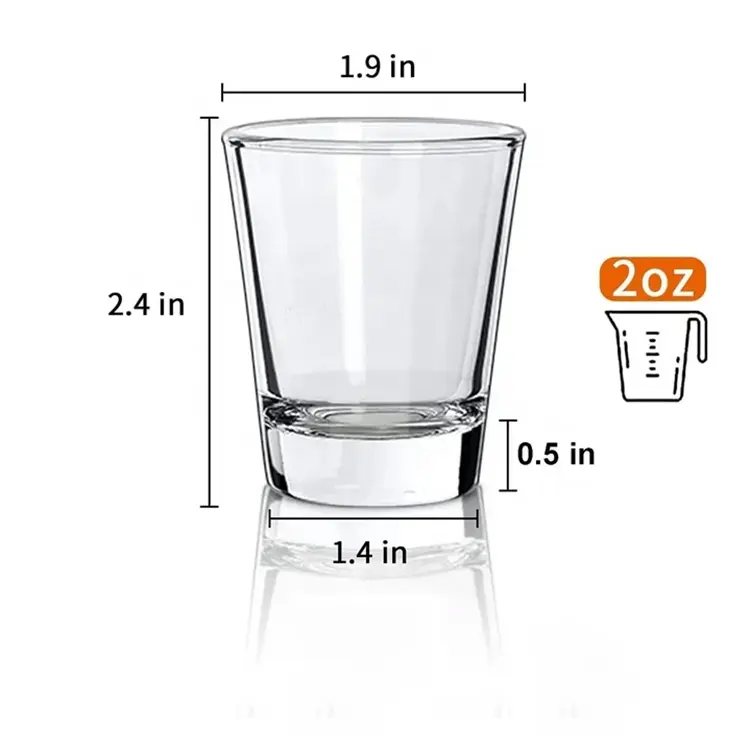 2 oz clear glass shot glass showing height and diameter dimensions