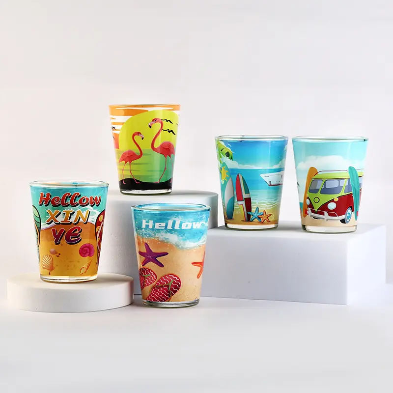 colorful-shot-glasses-set-of-4-front Colorful shot glasses set of 4, front view with vibrant prints