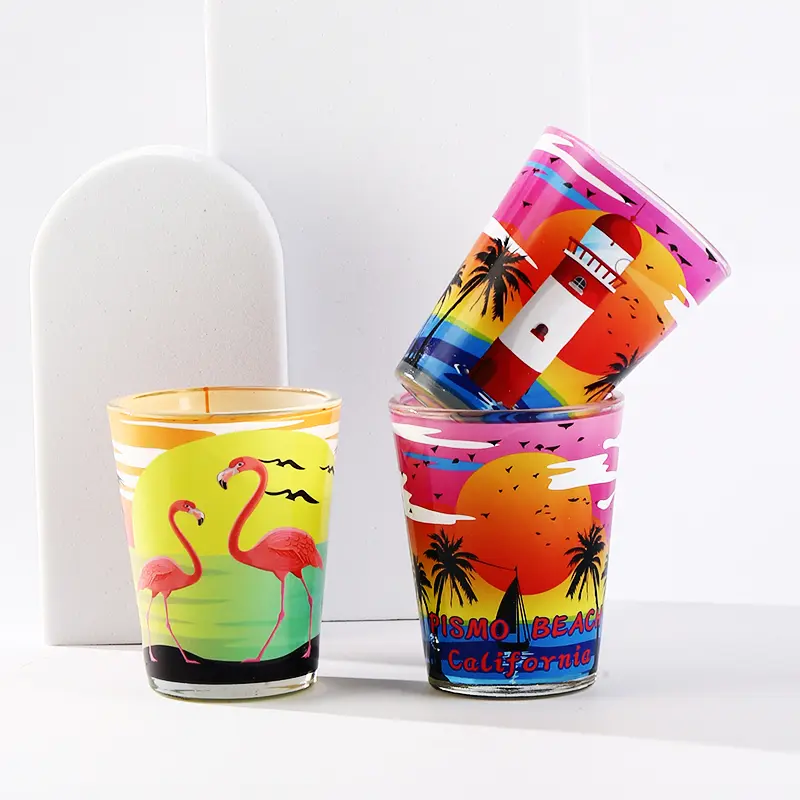 colorful-shot-glasses-set-of-4-side Colorful shot glasses set of 4, side view showing printed designs