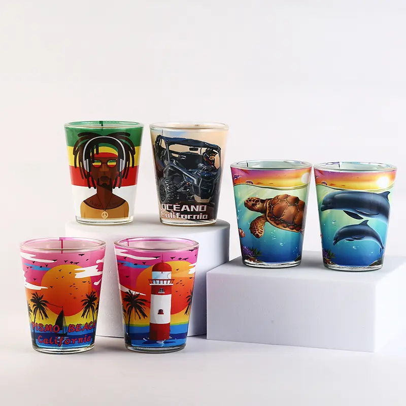 tropical-shot-glasses-set-of-4 Tropical-themed shot glasses set of 4 with colorful prints