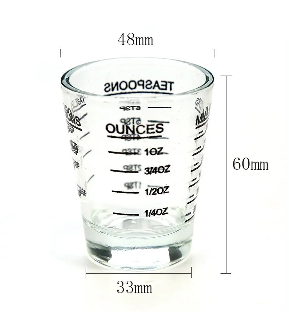 Dimensions of 1.5 oz clear glass shot glass measuring 60 mm high and 48 mm top diameter