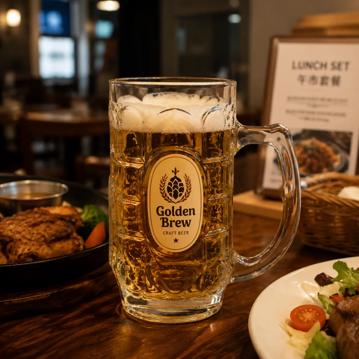 12 oz beer mug filled with lager beer in a restaurant