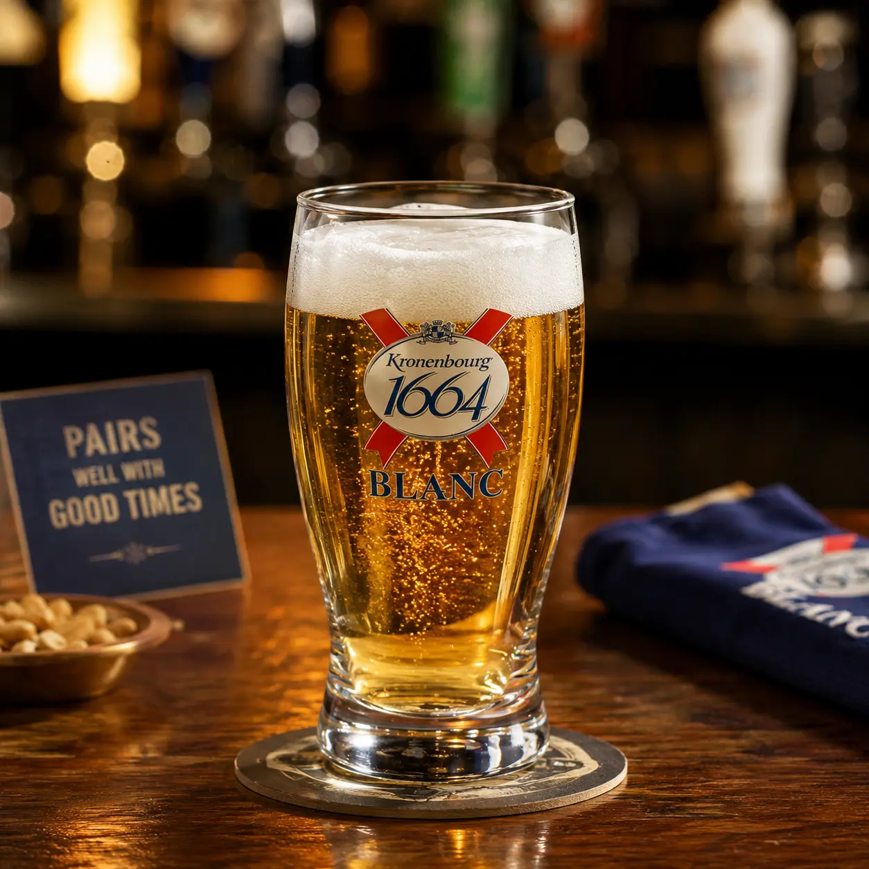 16 oz pilsner glass filled with beer in bar setting