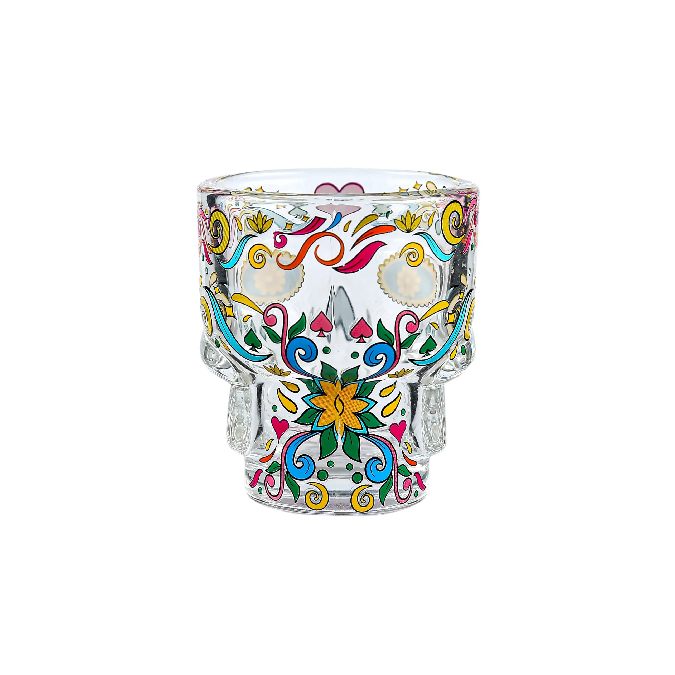 High-quality transparent glass skull shot glass side view showing height and diameter measurements.