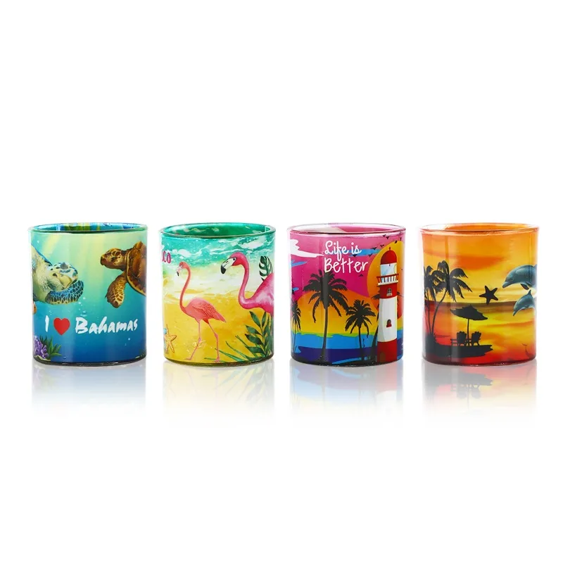 Custom 50 ml shot glass with full color tropical beach and Bahamas souvenir designs