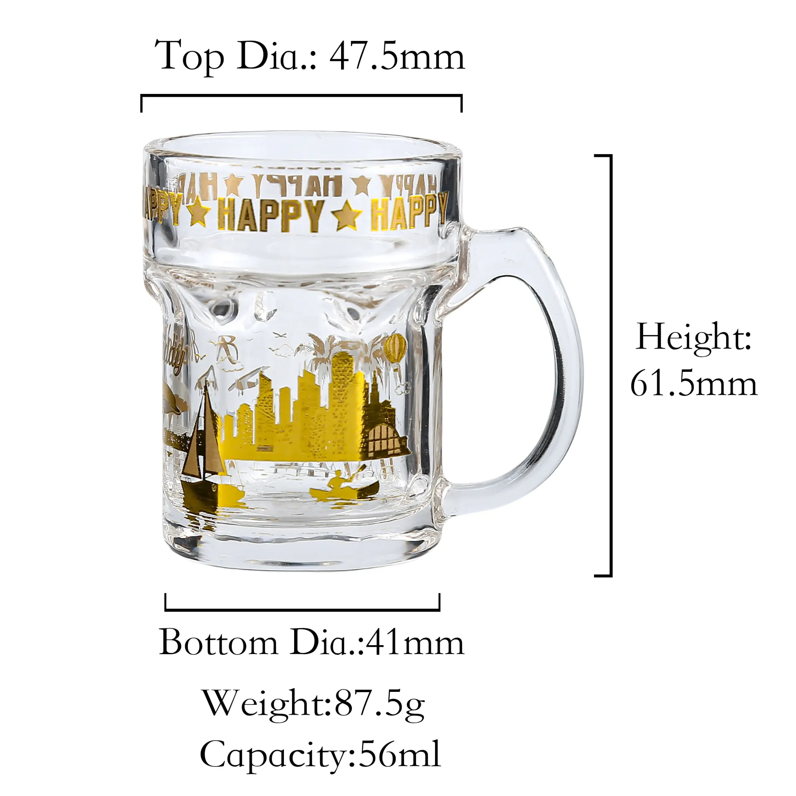 A clear 56ml small glass with handle featuring gold "Happy" text and city skyline design, perfect for serving shots or mini beers.
