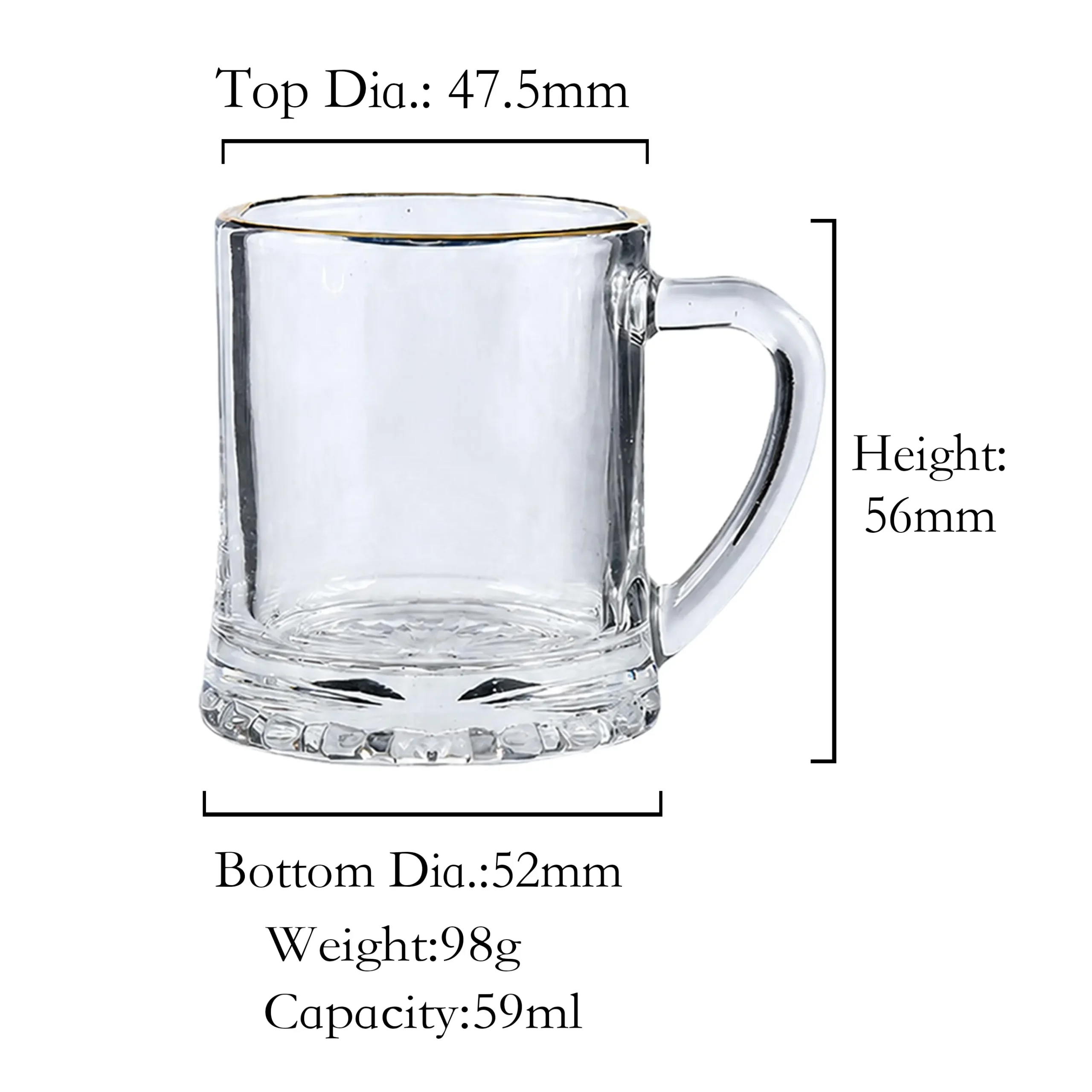 59ml capacity shot glasses with handles dimensions diagram, available for custom logo printing and packaging