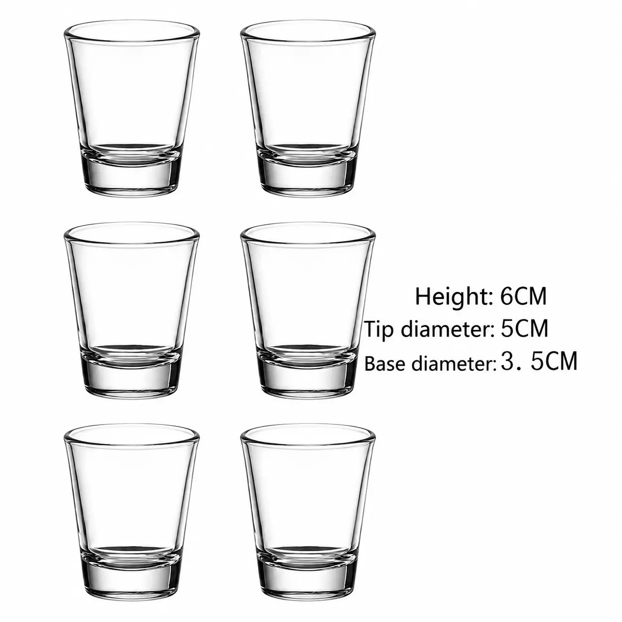6-piece clear shot glass set with 5 cm top and 3.5 cm base