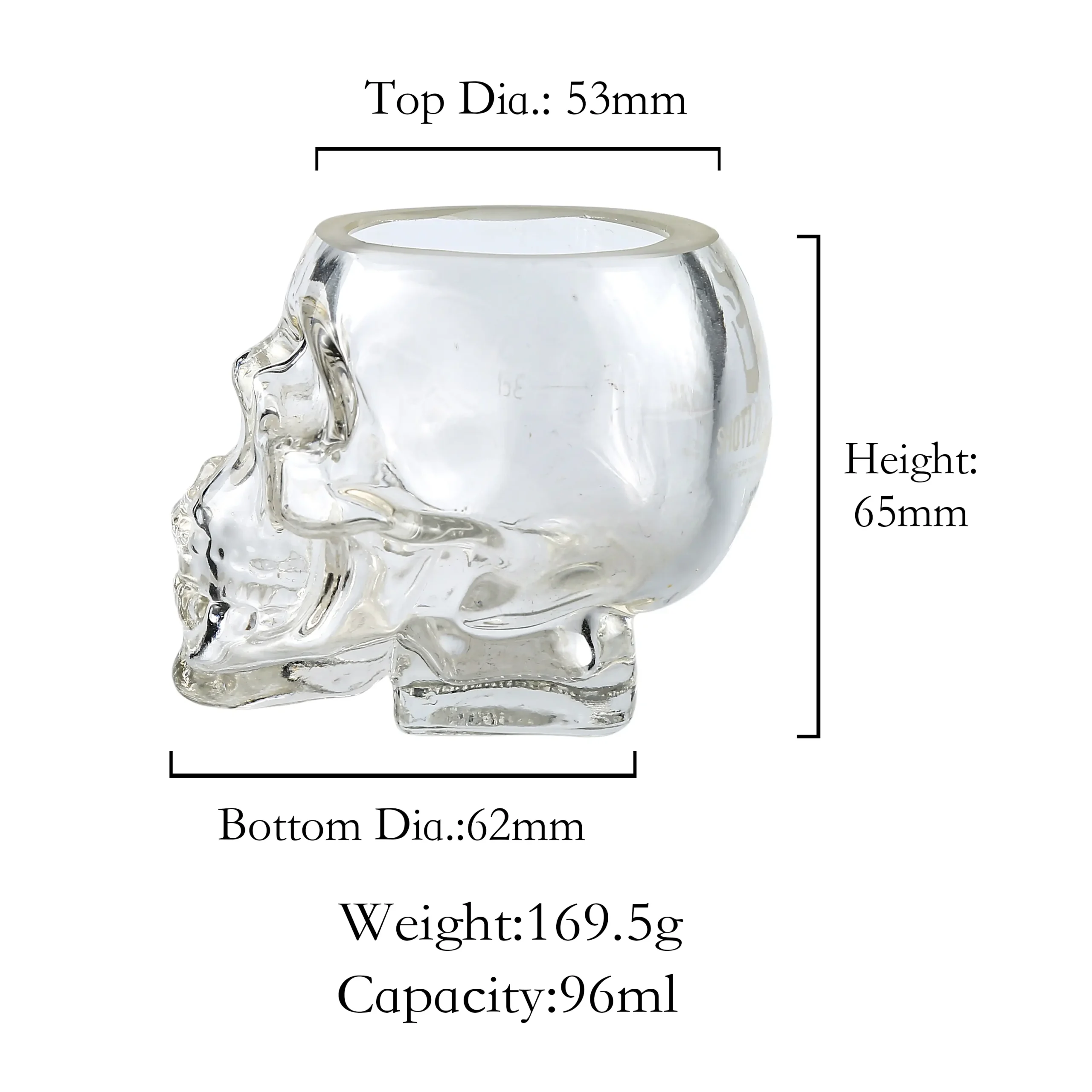 96ml-whiskey-skull-shooter-glass-dimensions.jpg Detailed close-up of a 96ml glass skull shot glass highlighting the realistic bone structure and smooth rim design.