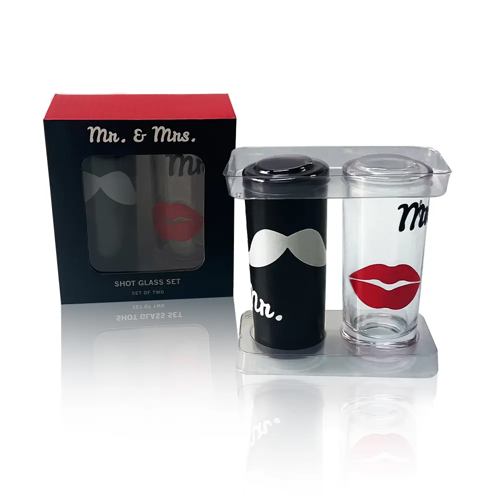 Mr. and Mrs. couples shot glasses set with black mustache and red lips design in a gift box.