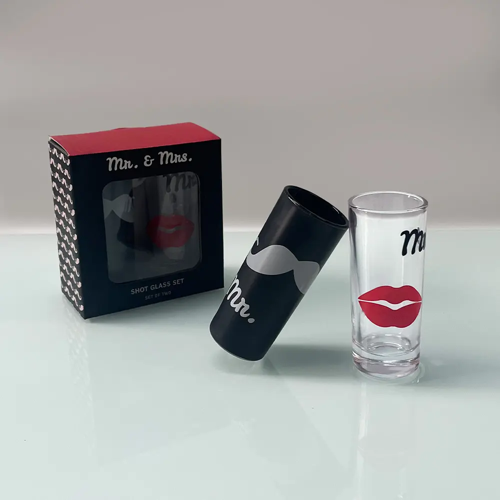 Personalized Wedding Favors Customizable couples shot glass set packaging showing two distinct styles for him and her.