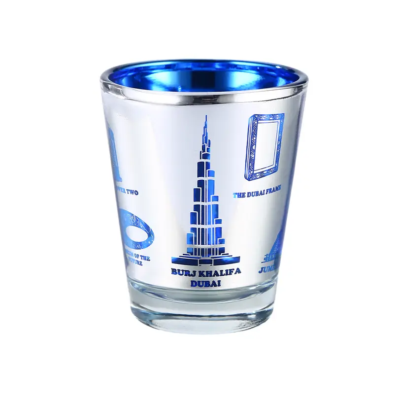 Blue electroplated shot glass with Dubai souvenir printed design