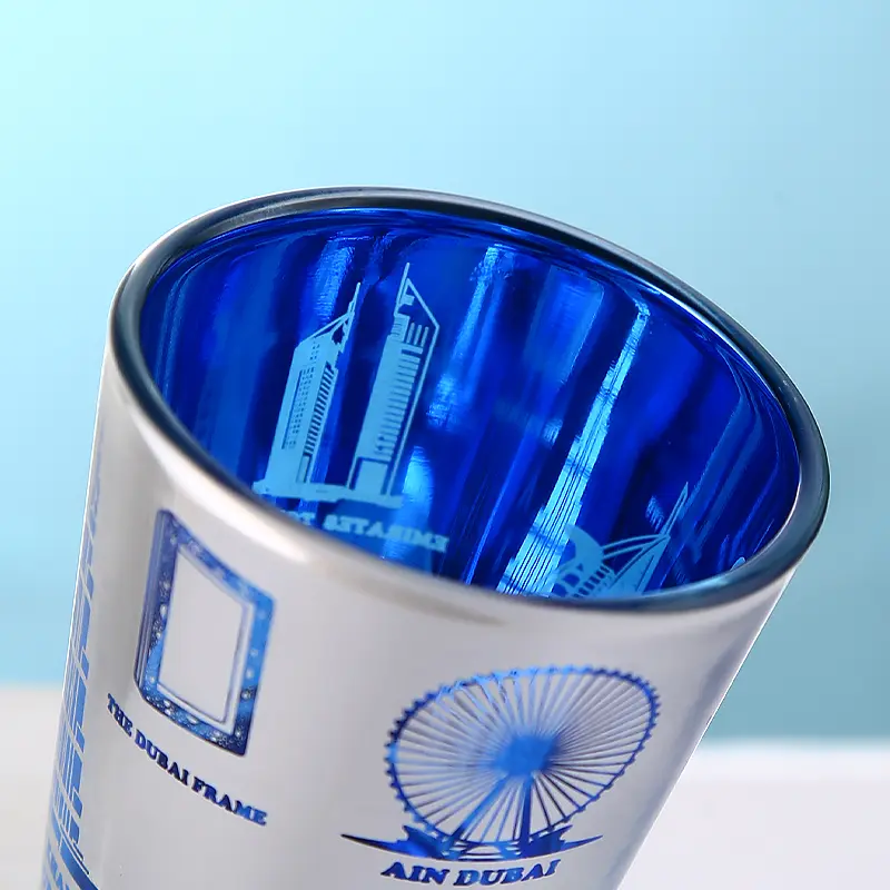 Blue electroplated shot glass highlighting inner wall detailing