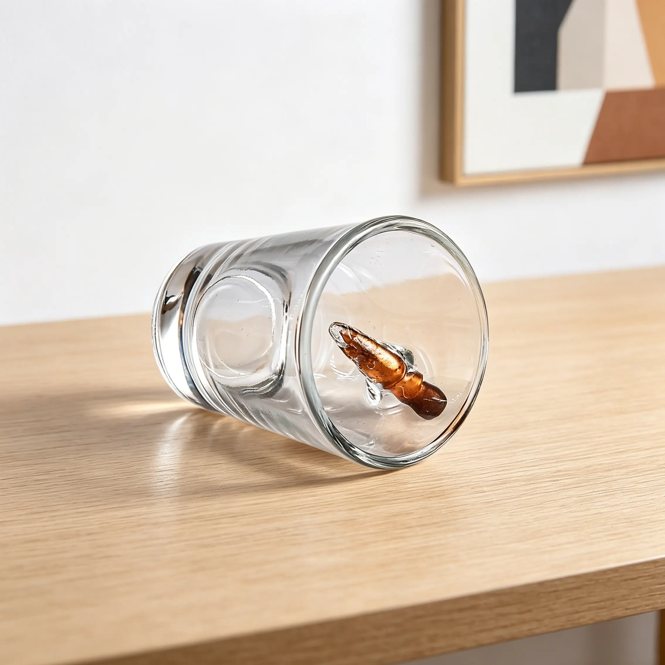 Shot glasses with bullets in them displayed on a wooden table in a modern home bar setting
