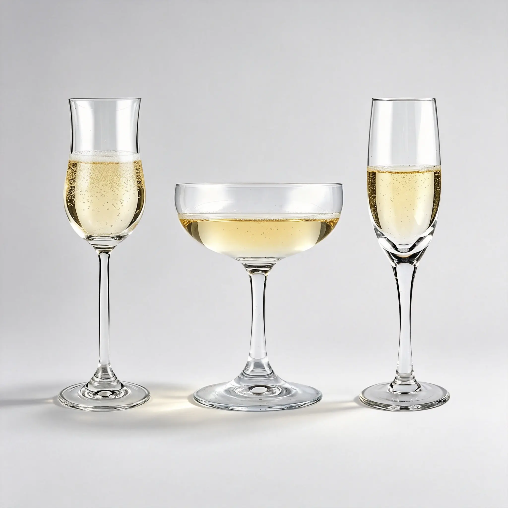 Elegant champagne glasses set including flute, coupe and tulip styles for sparkling wine