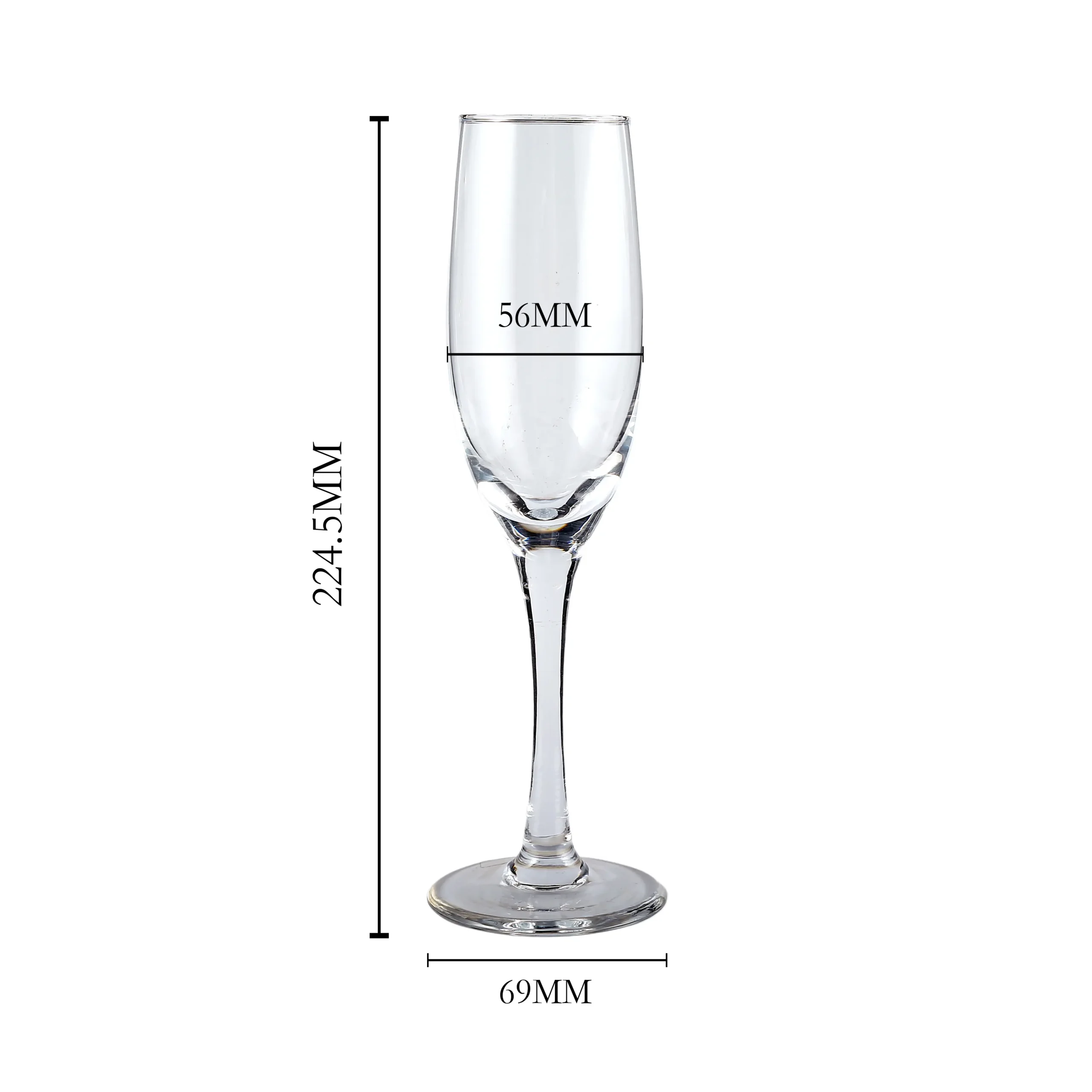 Classic champagne glass dimensions showing height, rim diameter and base size