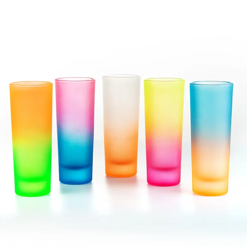 Colored frosted shot glasses in assorted vibrant colors