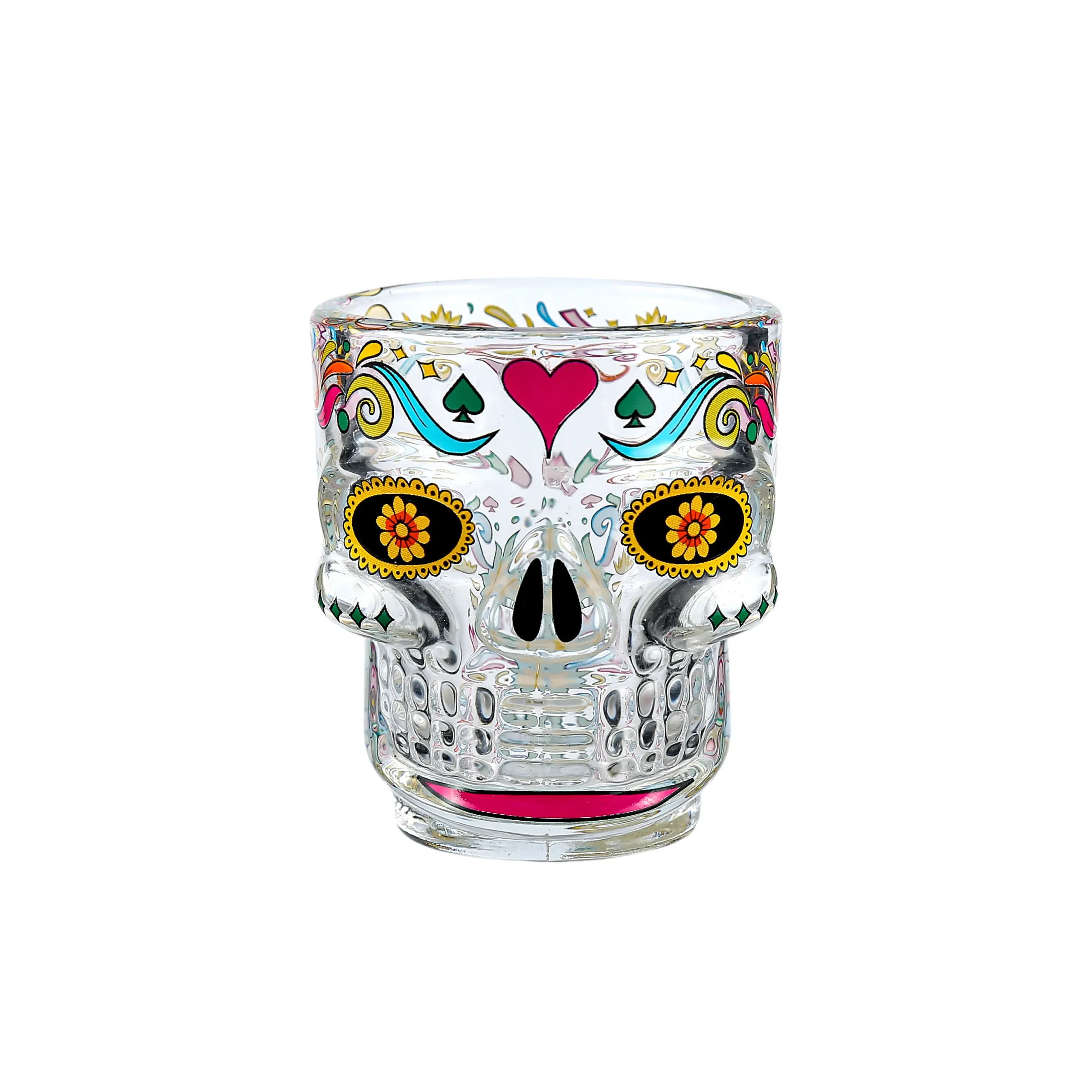 Colorful 3D skull shaped shot glass for Halloween parties with custom packaging options.