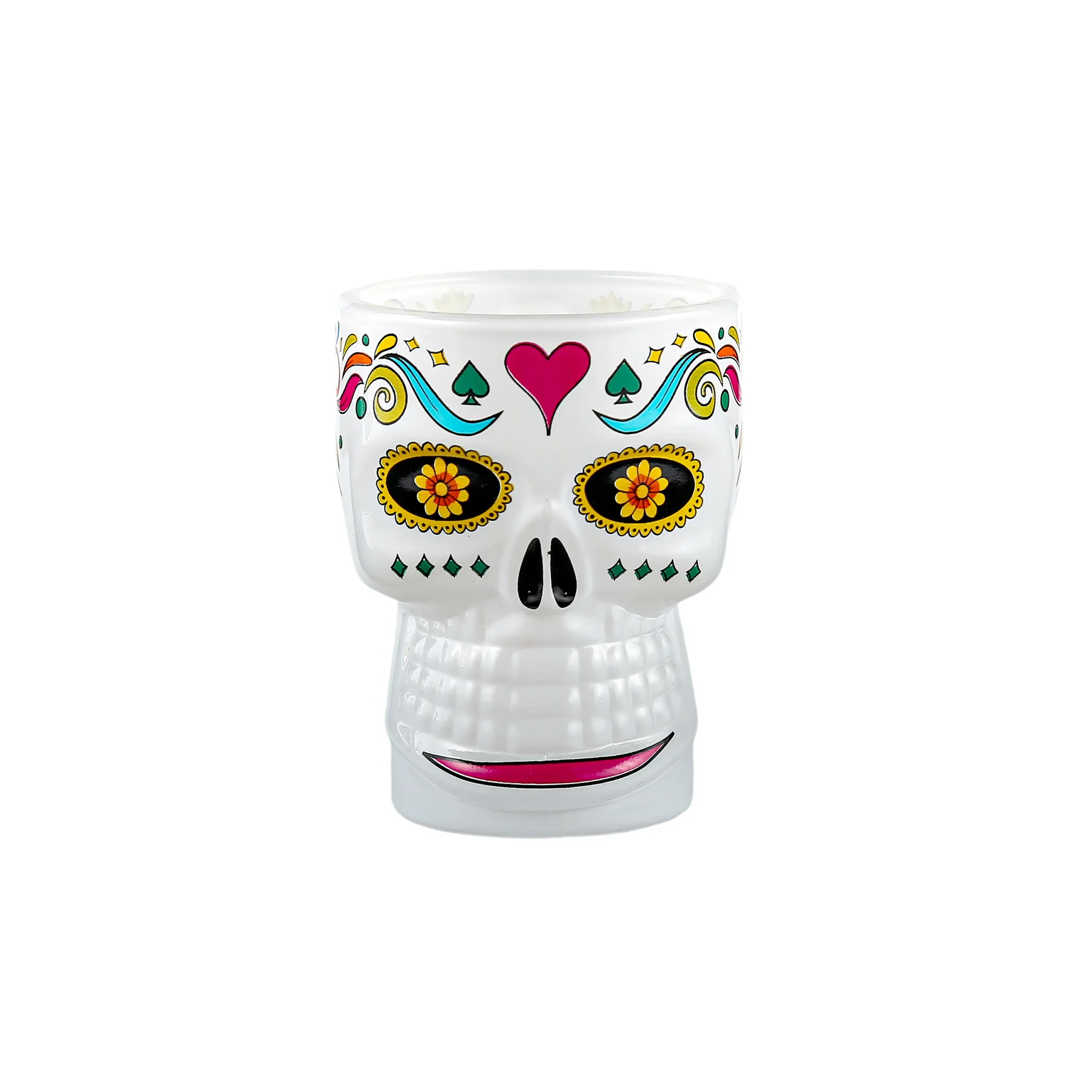 Unique calavera design tequila glass with colorful swirls and spade symbols, ideal for customized corporate gifts.