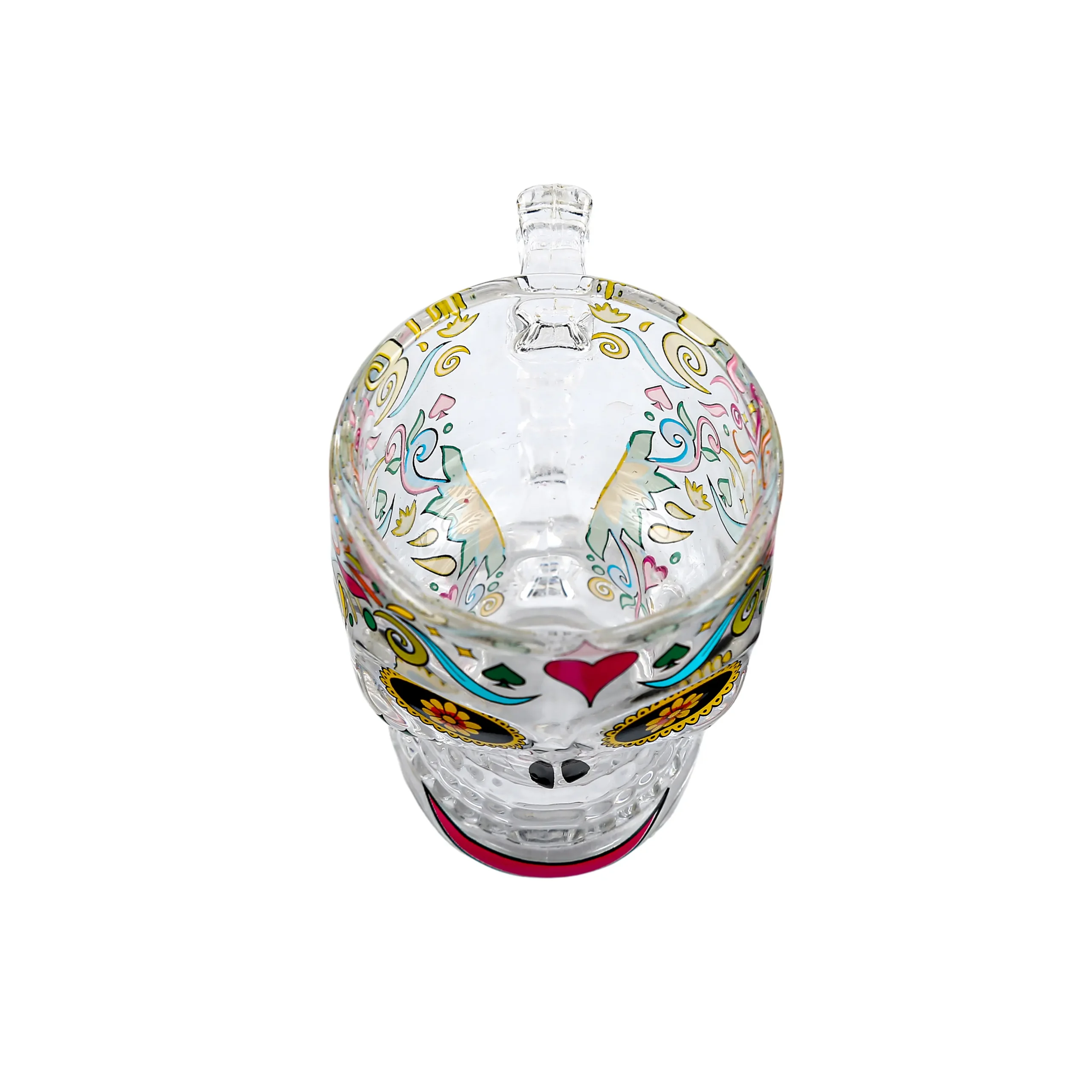 Wholesale custom printed clear glass skull cup with decorative handle, perfect for barware sets.