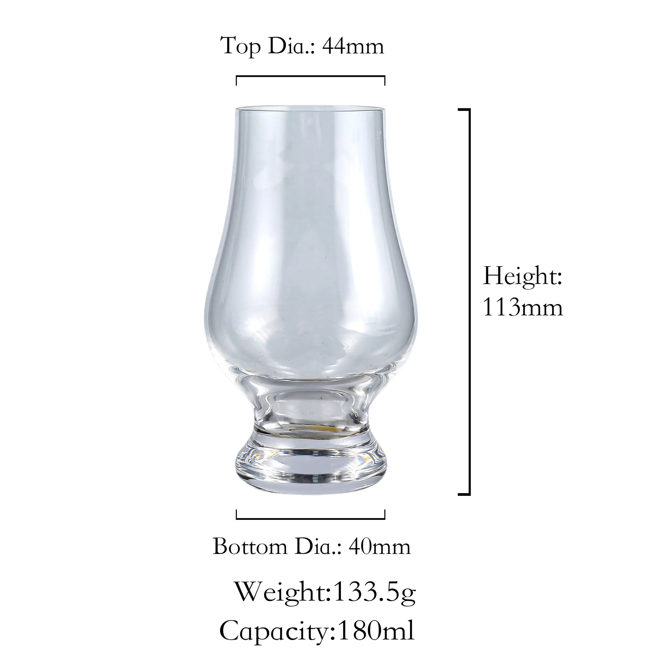 Crystal clear tulip shaped whiskey glass for professional spirit tasting