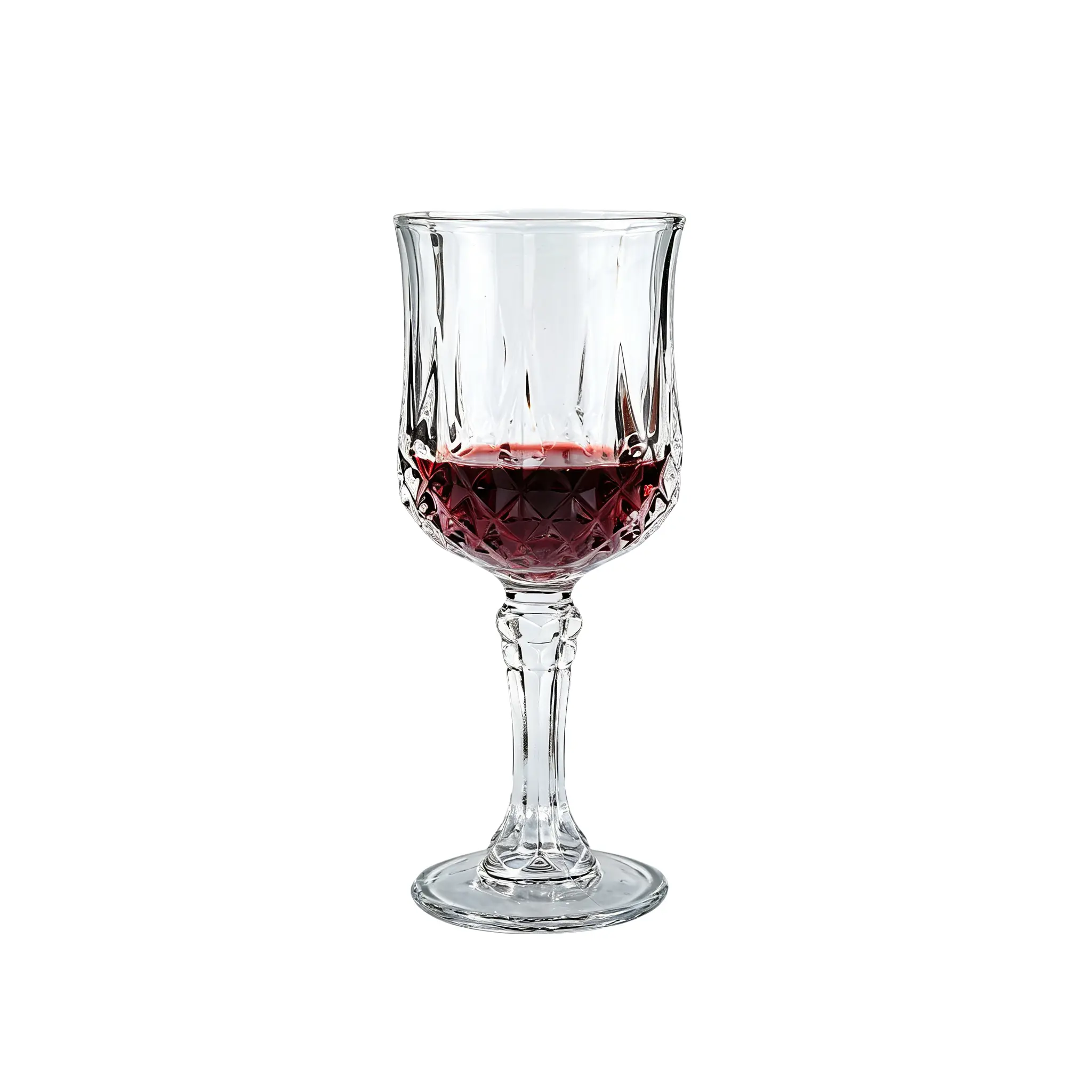 Vintage crystal wine glass with elegant embossed pattern and stem