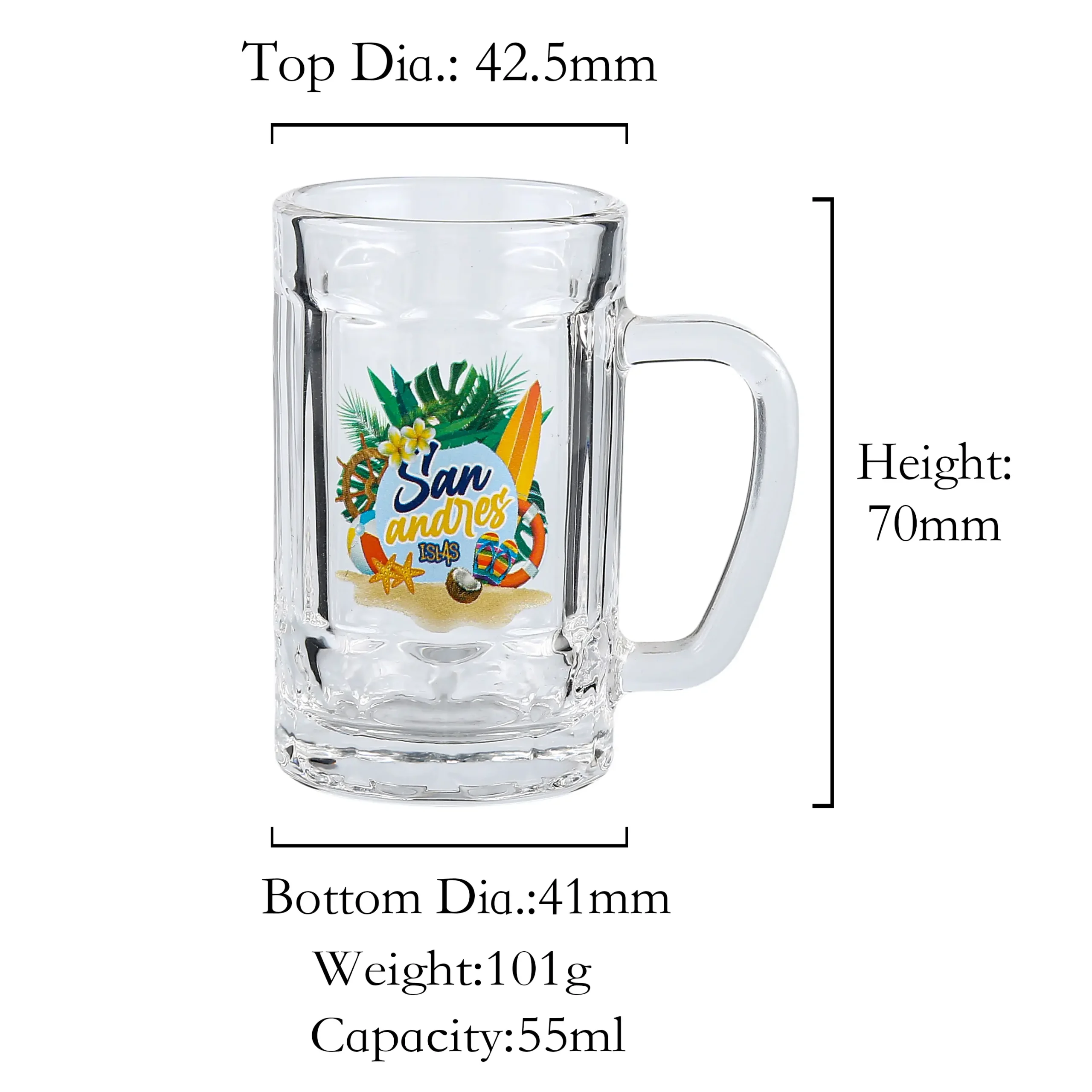 Mini transparent glass beer mug with 55ml capacity, designed for personalized logo printing and souvenir use.