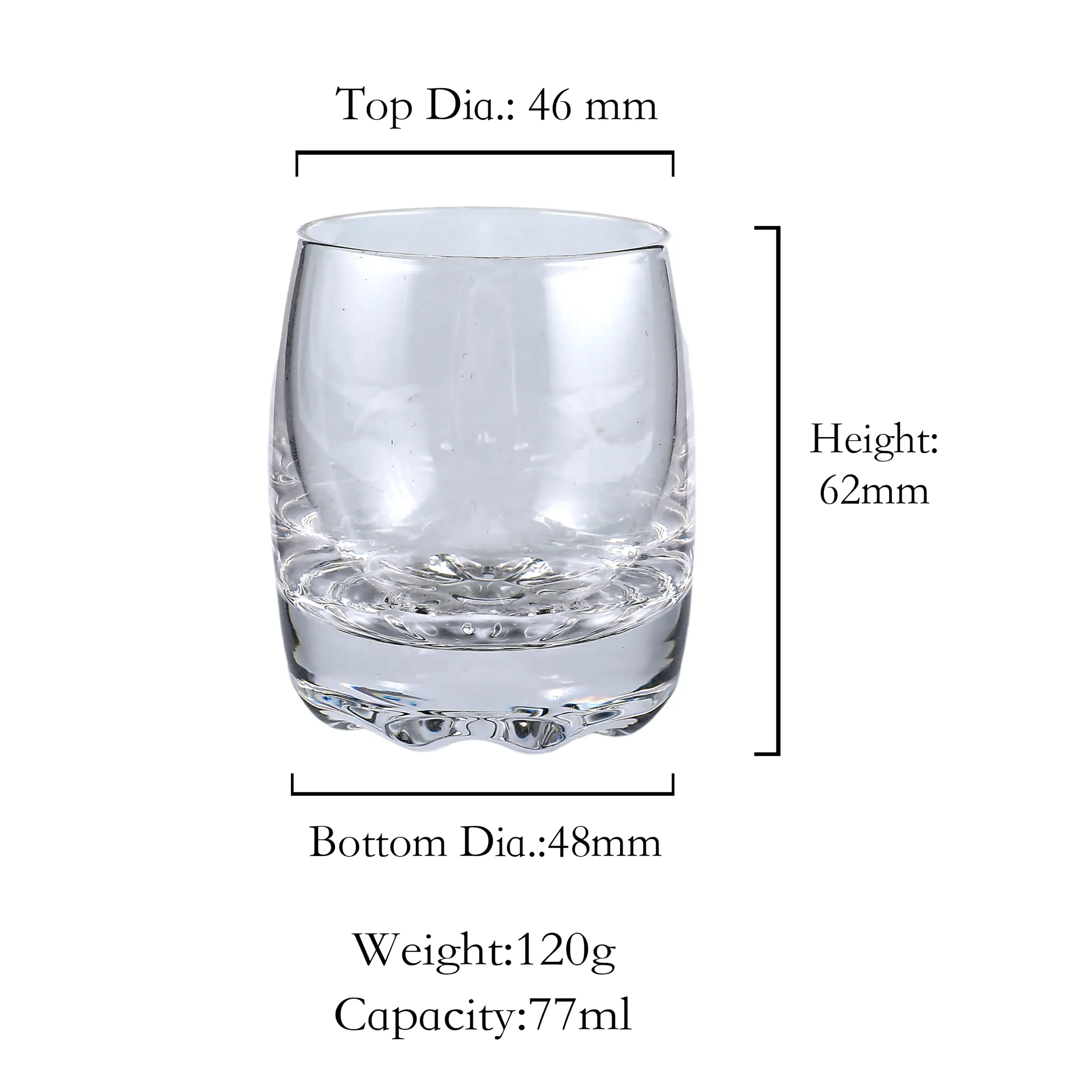 Front view of a clear 77ml heavy base shot glass available for custom logo printing, perfect for whiskey or tequila.
