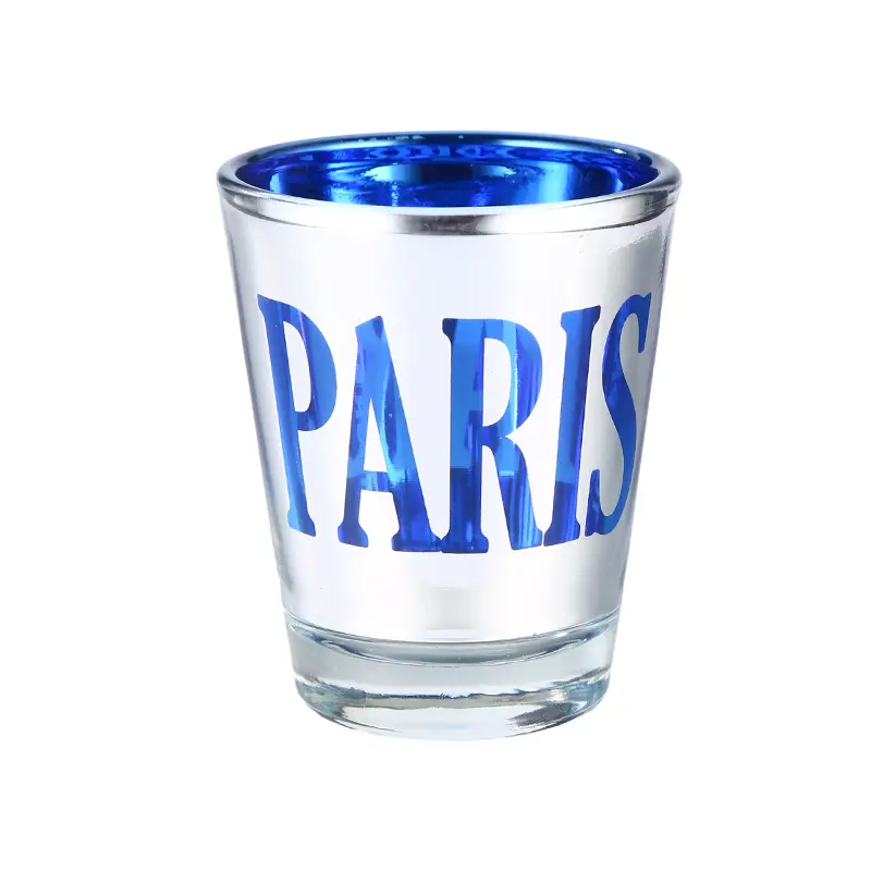 custom-blue-electroplated-shot-glass-paris Custom blue electroplated shot glass with Paris themed printed design
