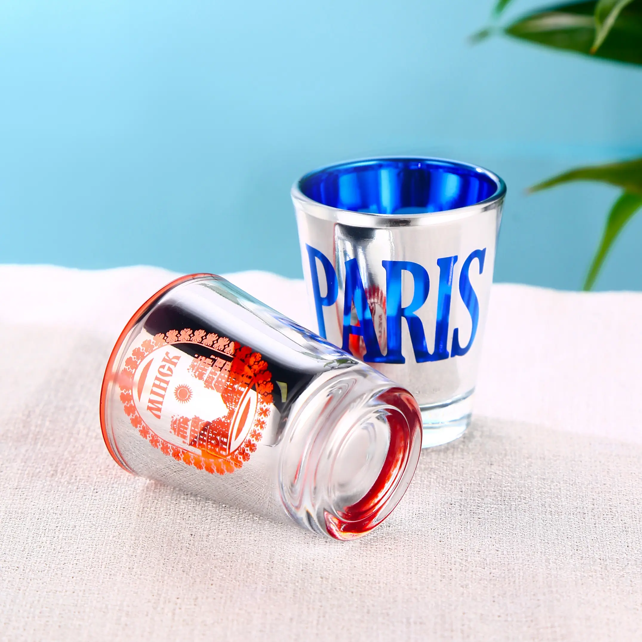 custom-colored-electroplated-shot-glass-lifestyle Custom colored electroplated shot glass styled in lifestyle setting