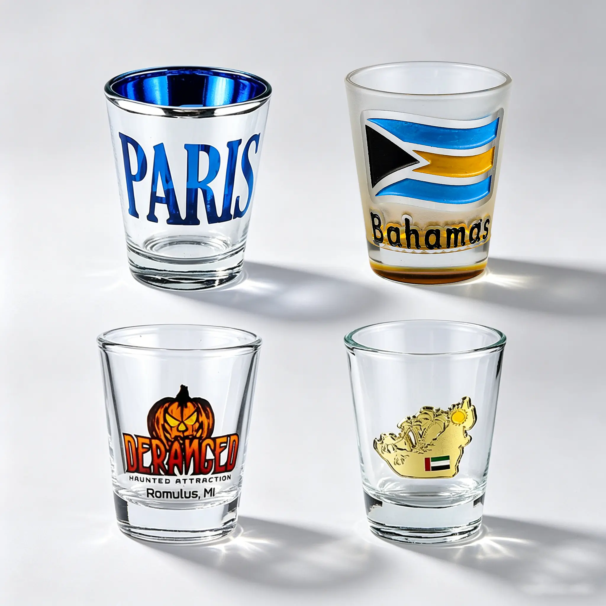 Custom decorated shot glasses with unique colors prints and branding options