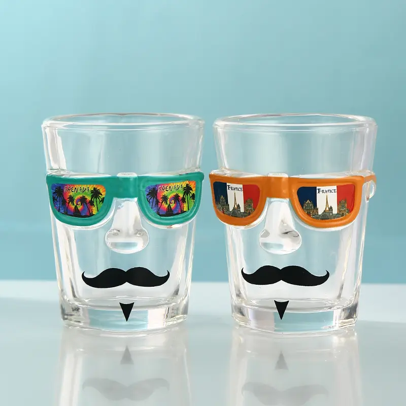 Custom face shot glass with sunglasses design and souvenir decal printing