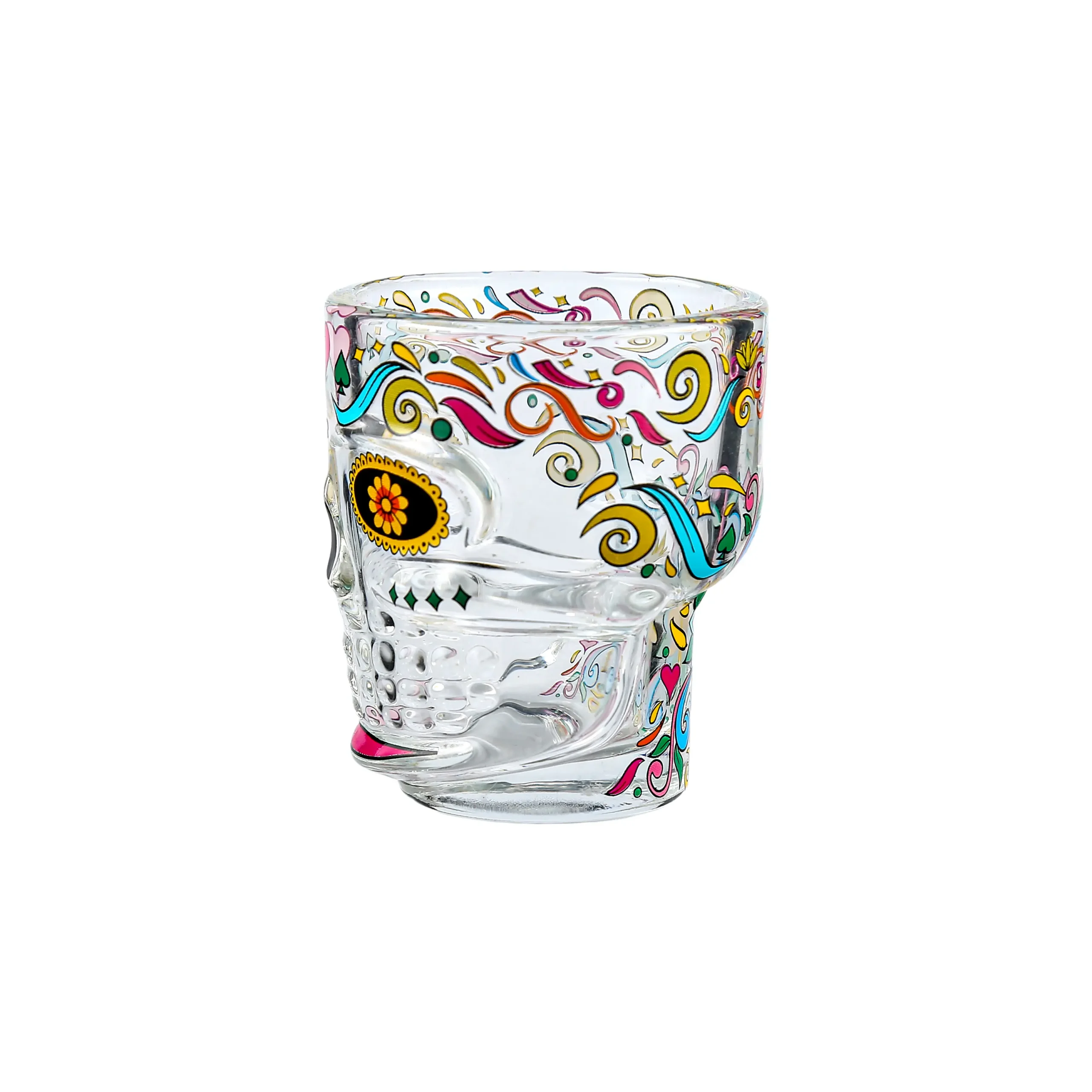 Decorative sugar skull shot glass with heart and spade designs, perfect for festive events.