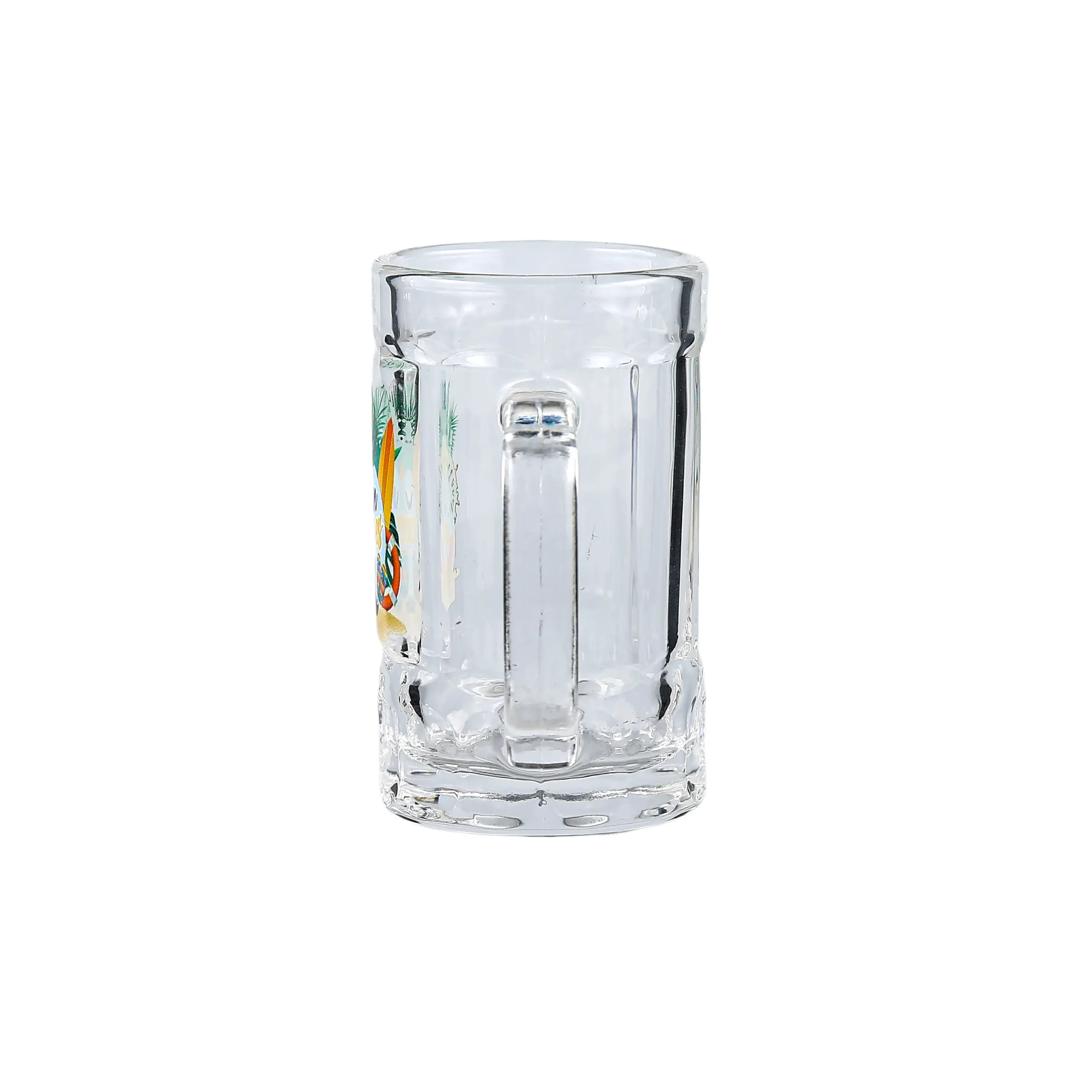 Custom 55ml clear glass shot mug with thick base and handle, suitable for gold rim decoration and branding.