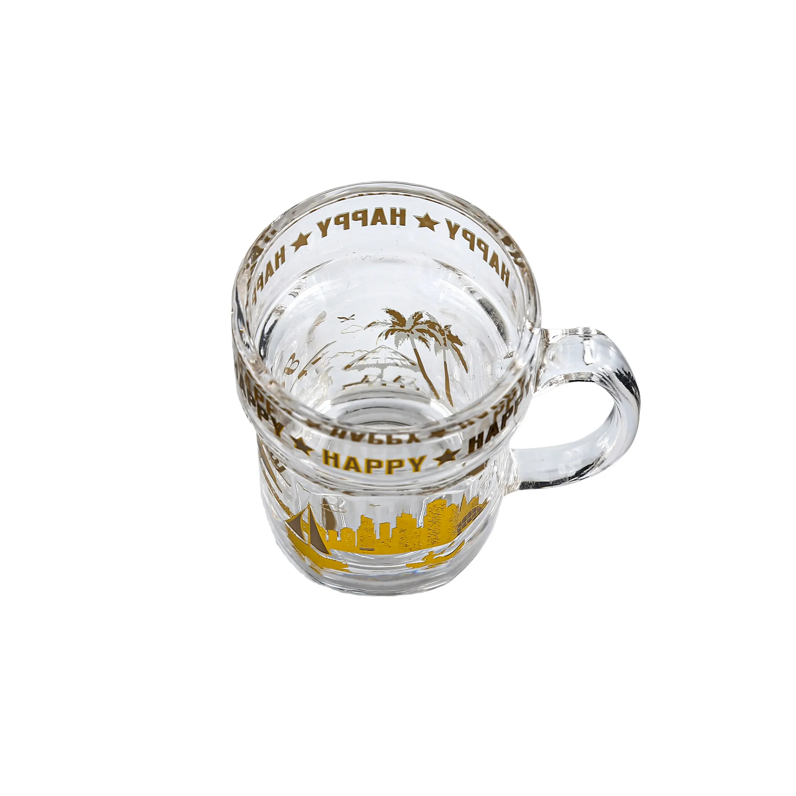 Close-up of the rim and handle of a decorative small glass with handle, highlighting the smooth edge and gold foil pattern.