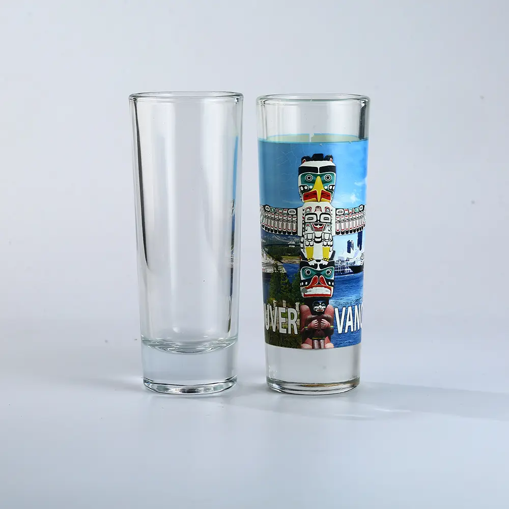 Custom tall thin shot glasses with full color decal printing design