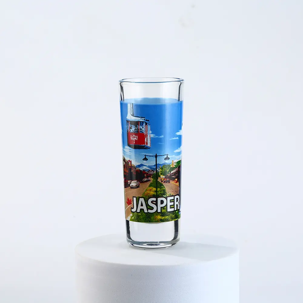 Custom tall thin shot glass with full color Jasper souvenir decal printing