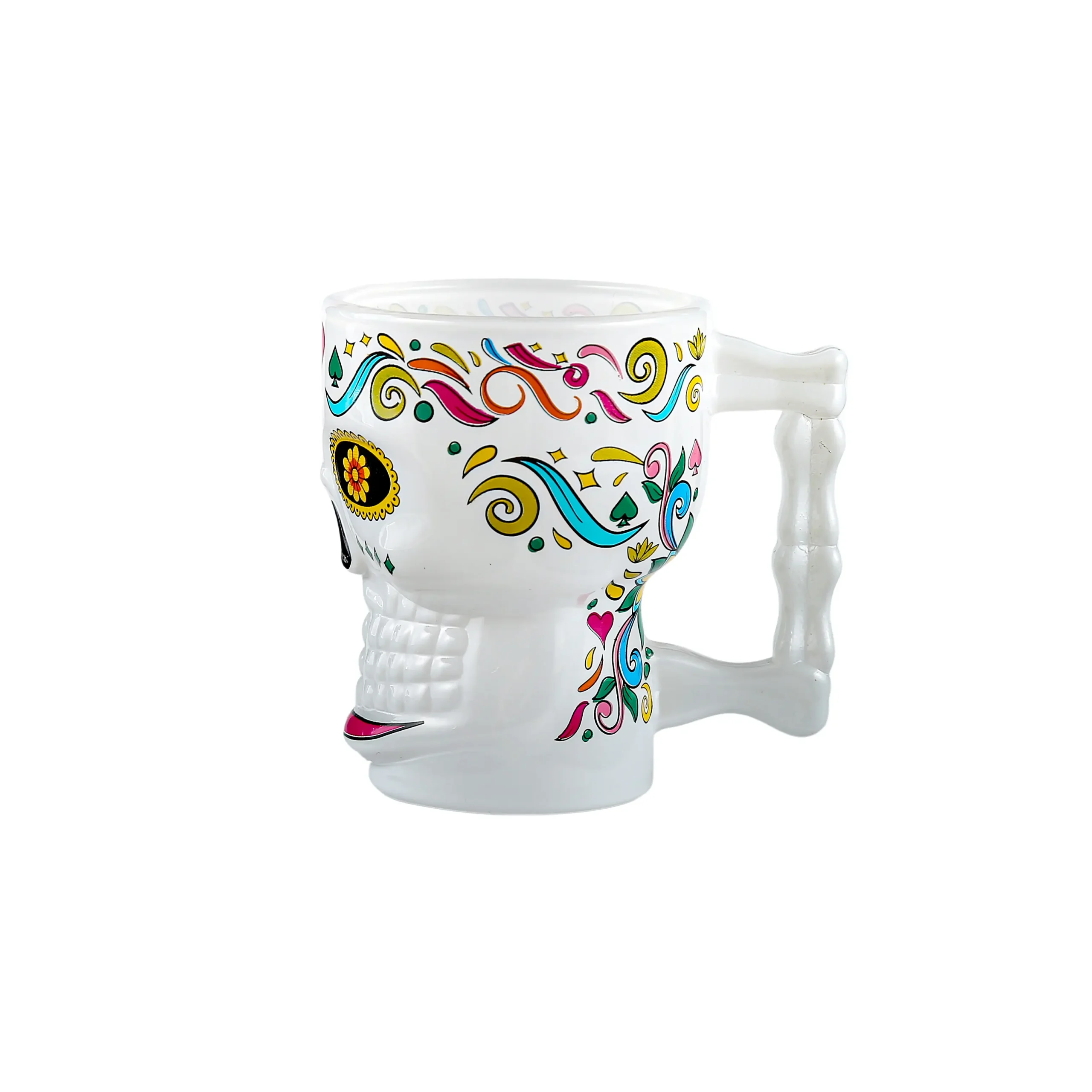 High quality frosted glass skeleton mug featuring vibrant enamel colors and a unique bone-shaped handle.