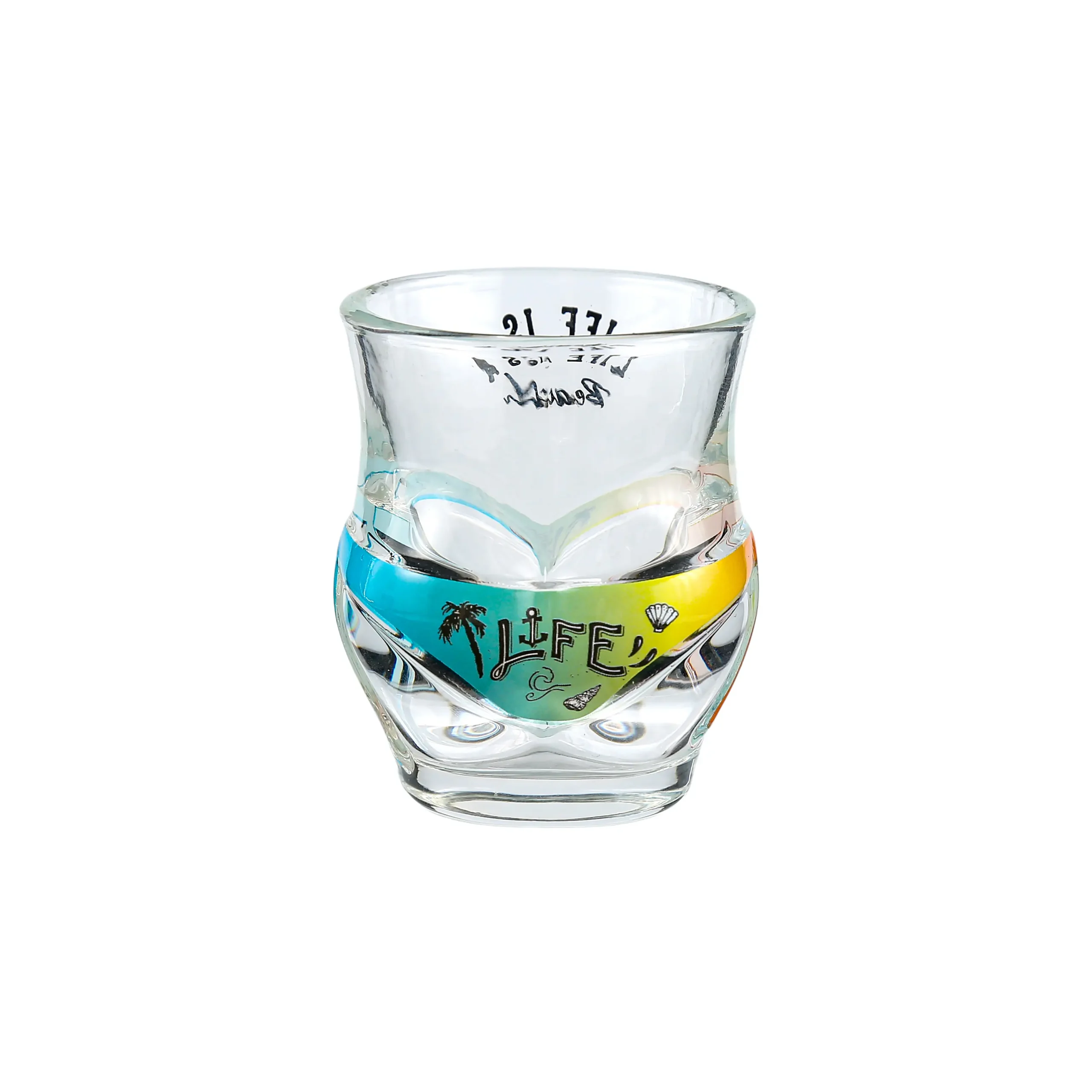funny-shaped-shot-glasses-bikini-design.jpg High transparency glass funny shaped shot glass featuring LIFE text and palm tree print on the body