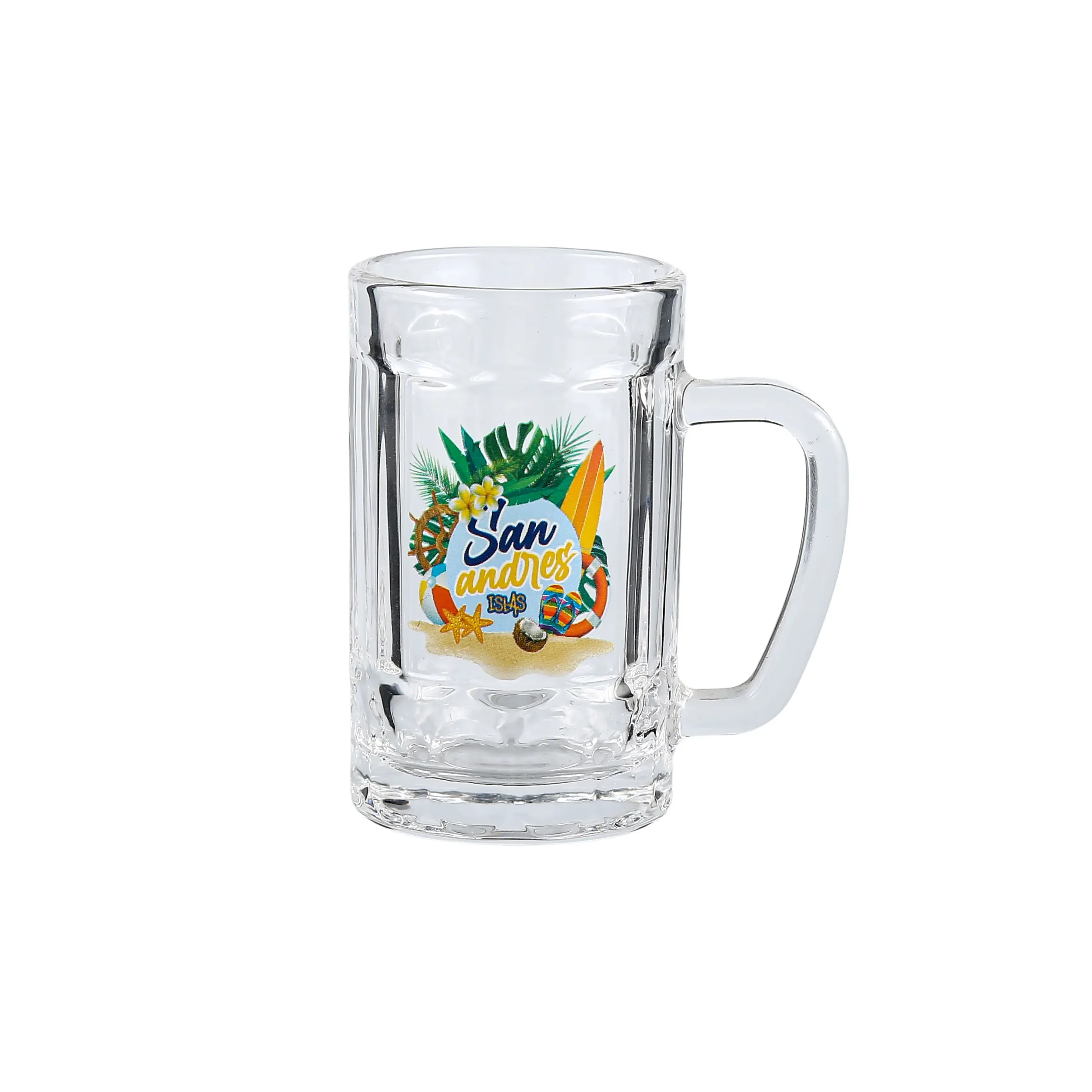Heavy base clear shot glass mug with handle, ideal for custom gold rim decoration and promotional gifts.
