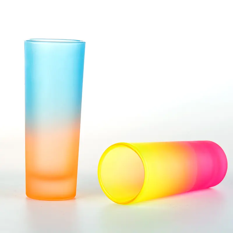 gradient-frosted-shot-glass-detail Custom colored frosted shot glasses in assorted vibrant colors