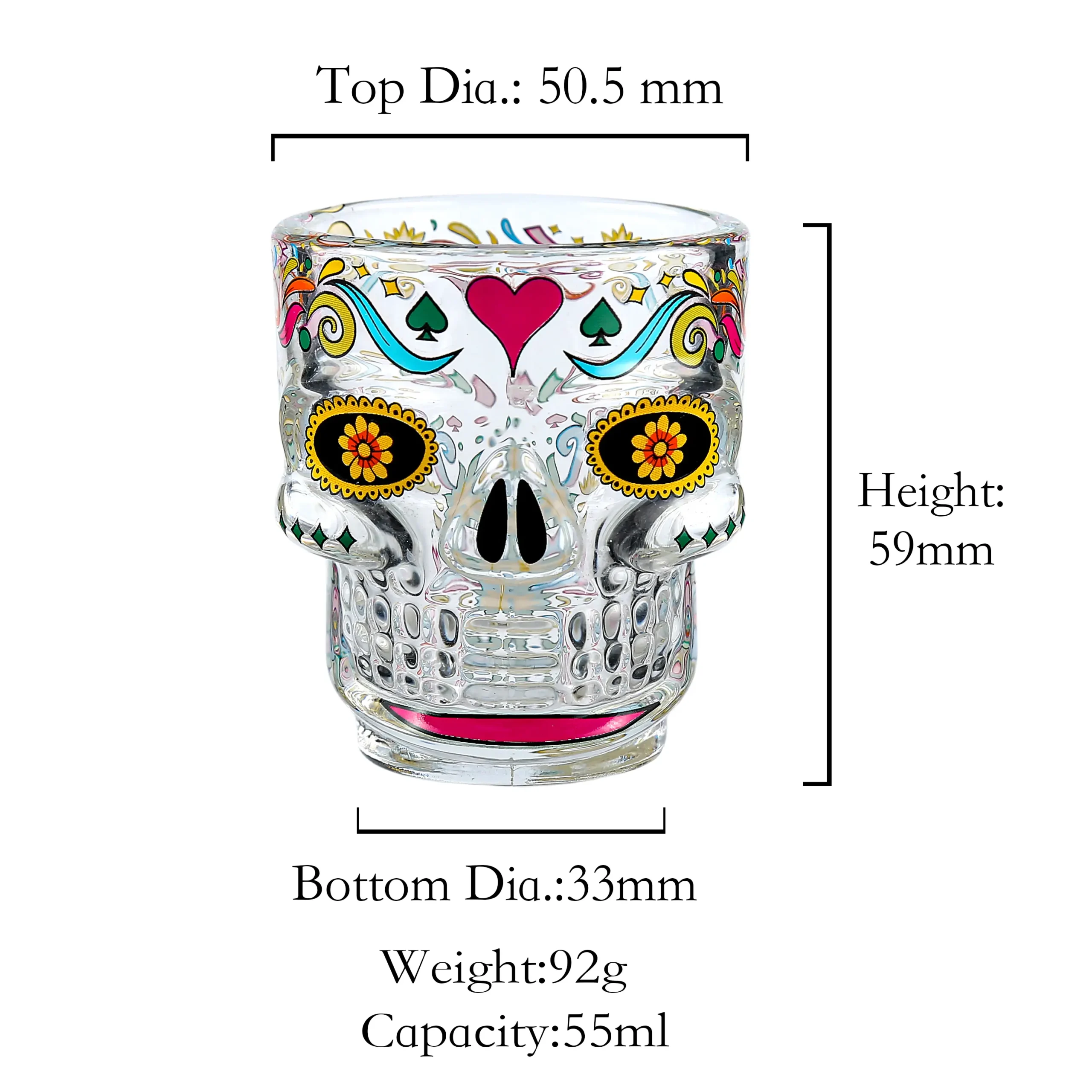 55ml clear glass skeleton head liquor cup featuring vibrant Day of the Dead floral patterns.