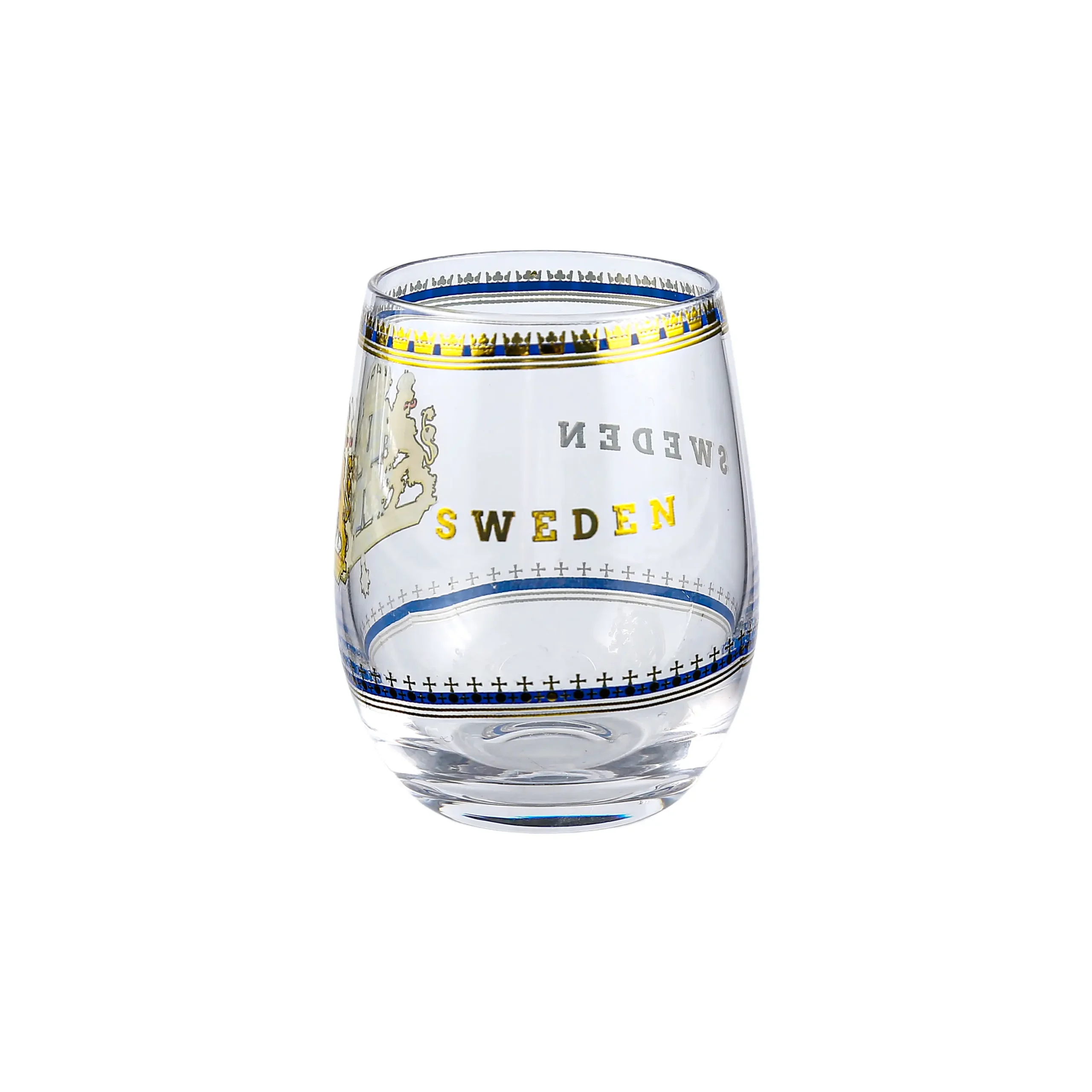 Stemless glass tumbler featuring a detailed Swedish royal crest and gold rim, available for custom logo printing.