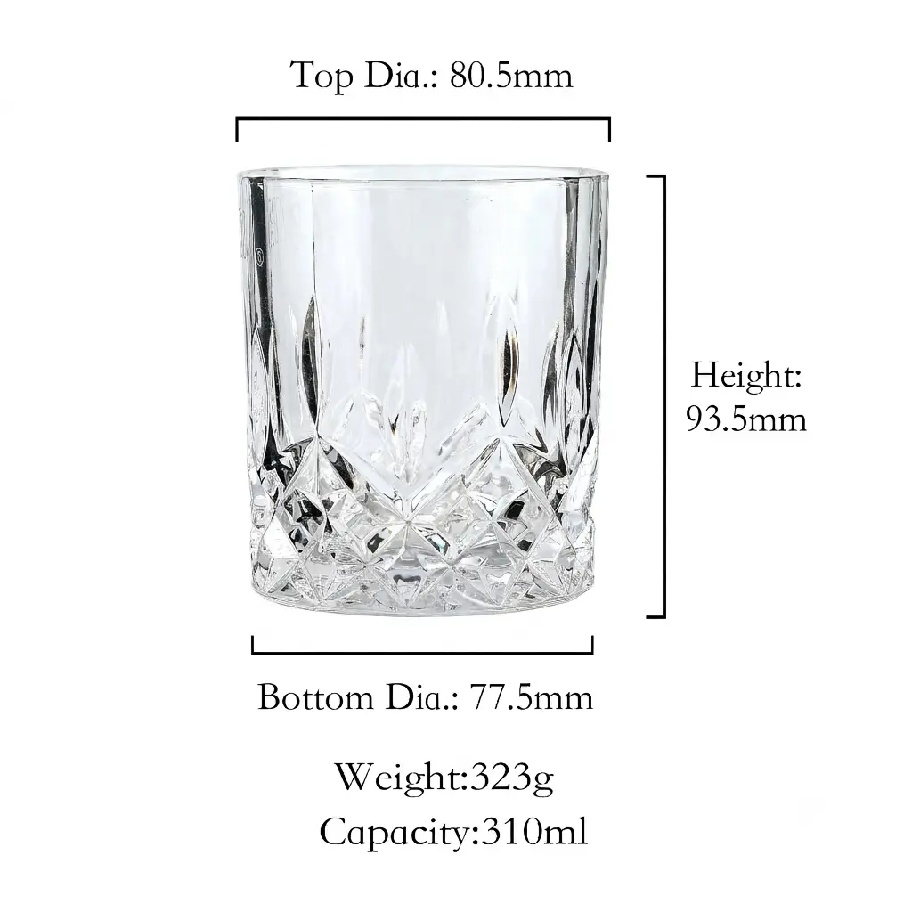 Heavy whisky tumbler glass dimensions showing height diameter and capacity