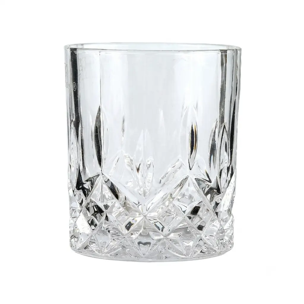 Heavy whisky tumbler glass front view with thick base crystal design