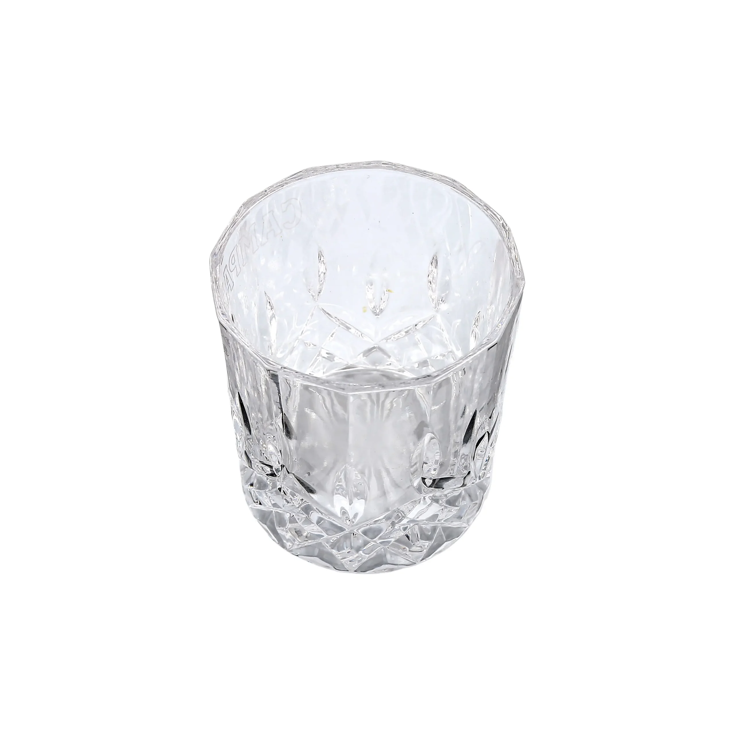 Top view of heavy whisky tumbler glass showing wide drinking rim