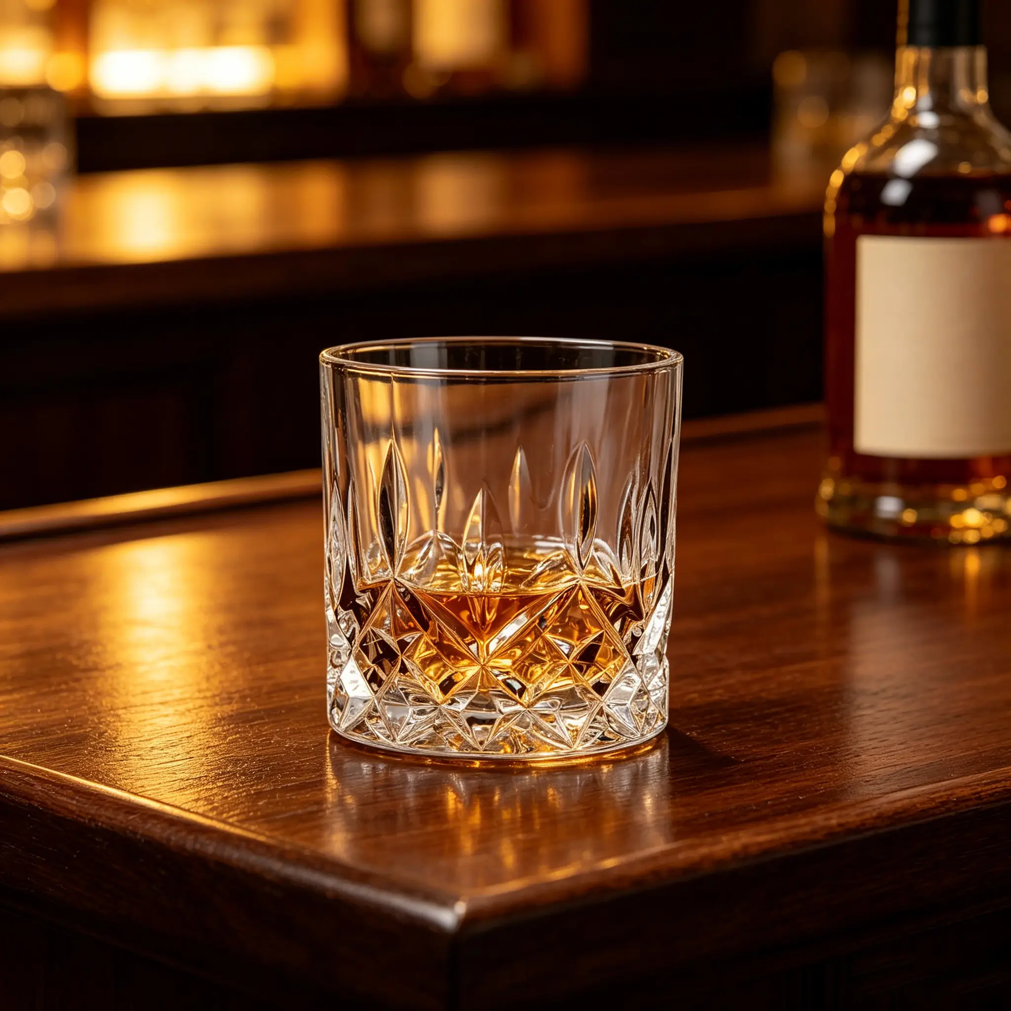 Heavy whisky tumbler glass filled with whiskey on bar counter