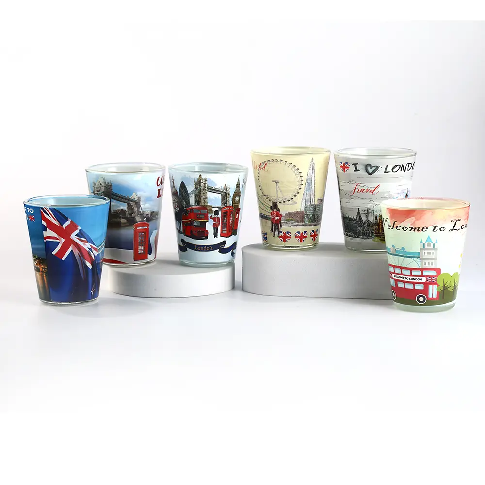 Custom printed shot glasses featuring London souvenir designs for gifts, retail and promotional use