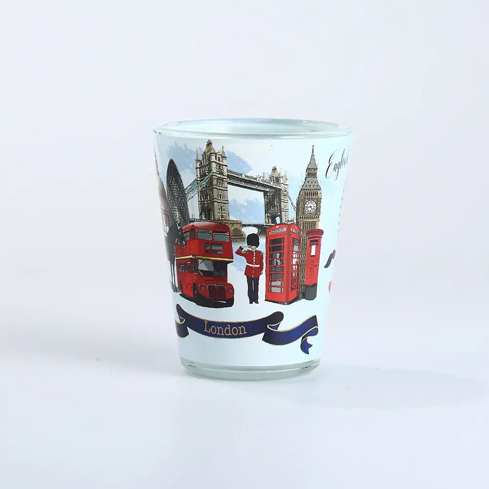 london-tourist-shot-glass Custom printed London shot glass featuring Big Ben, Tower Bridge and iconic London landmarks