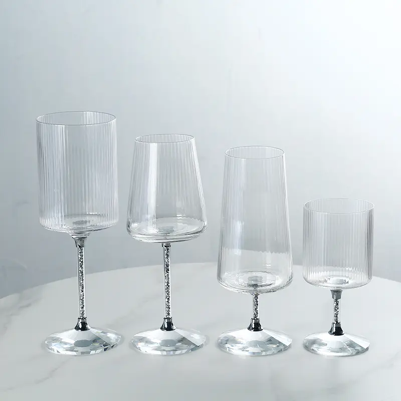 Premium ribbed crystal wine glass with sparkling stem and modern minimalist design